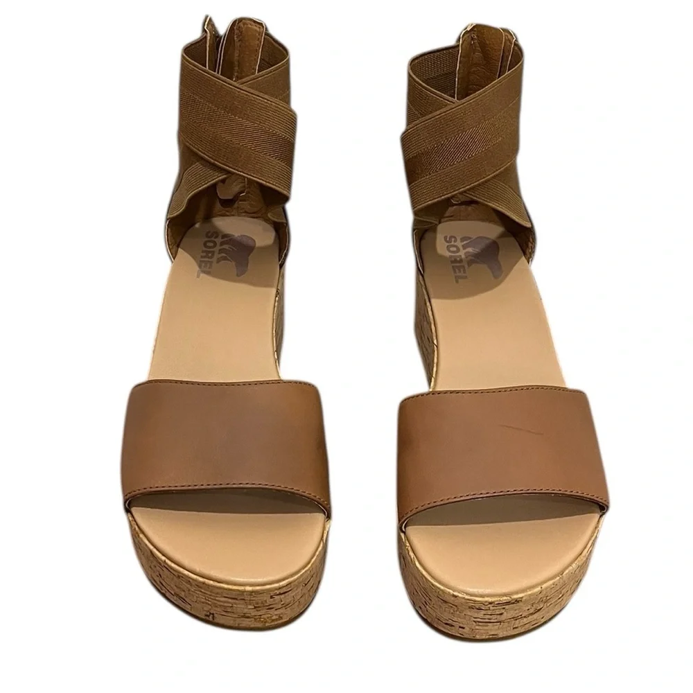 SOREL CAMERON CORK BROWN LEATHER ANKLE WRAP PLATFORM SANDALS VERY GOOD COND (9)